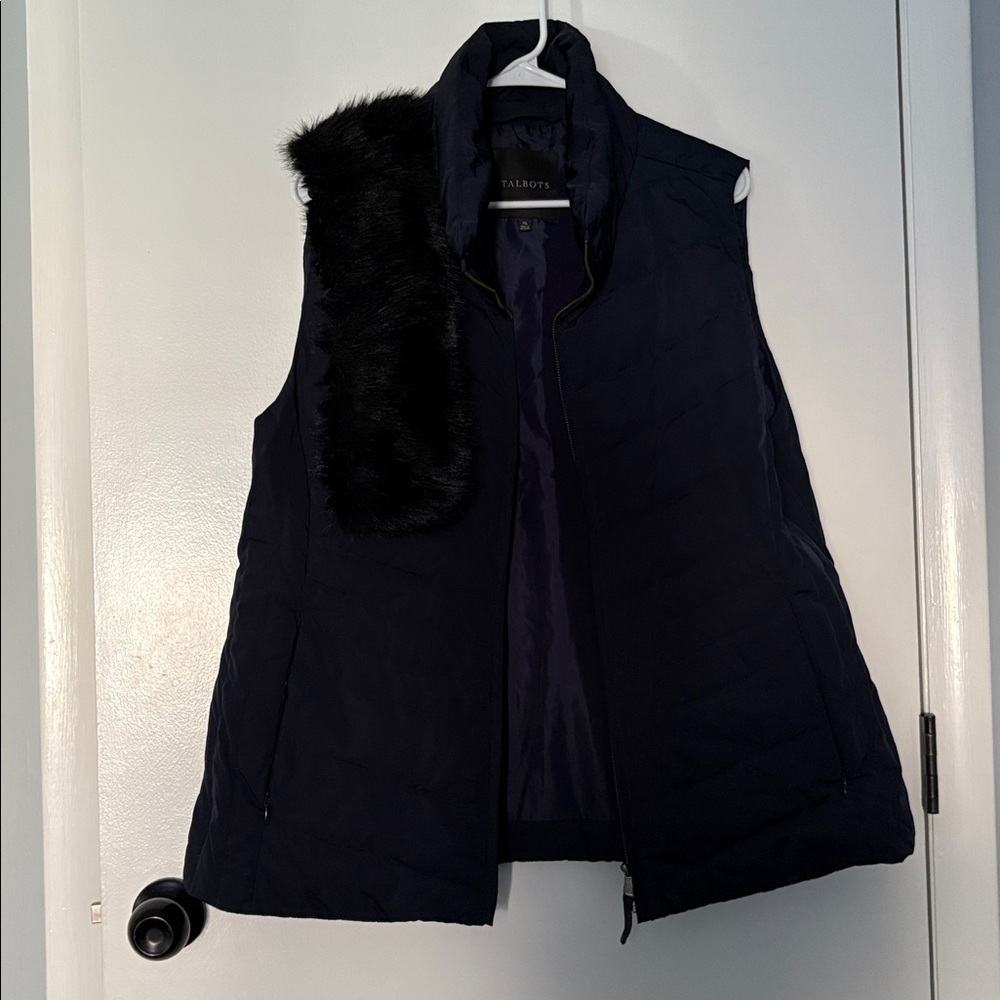 Talbots Navy Quilted Vest with Faux Fur Accent
